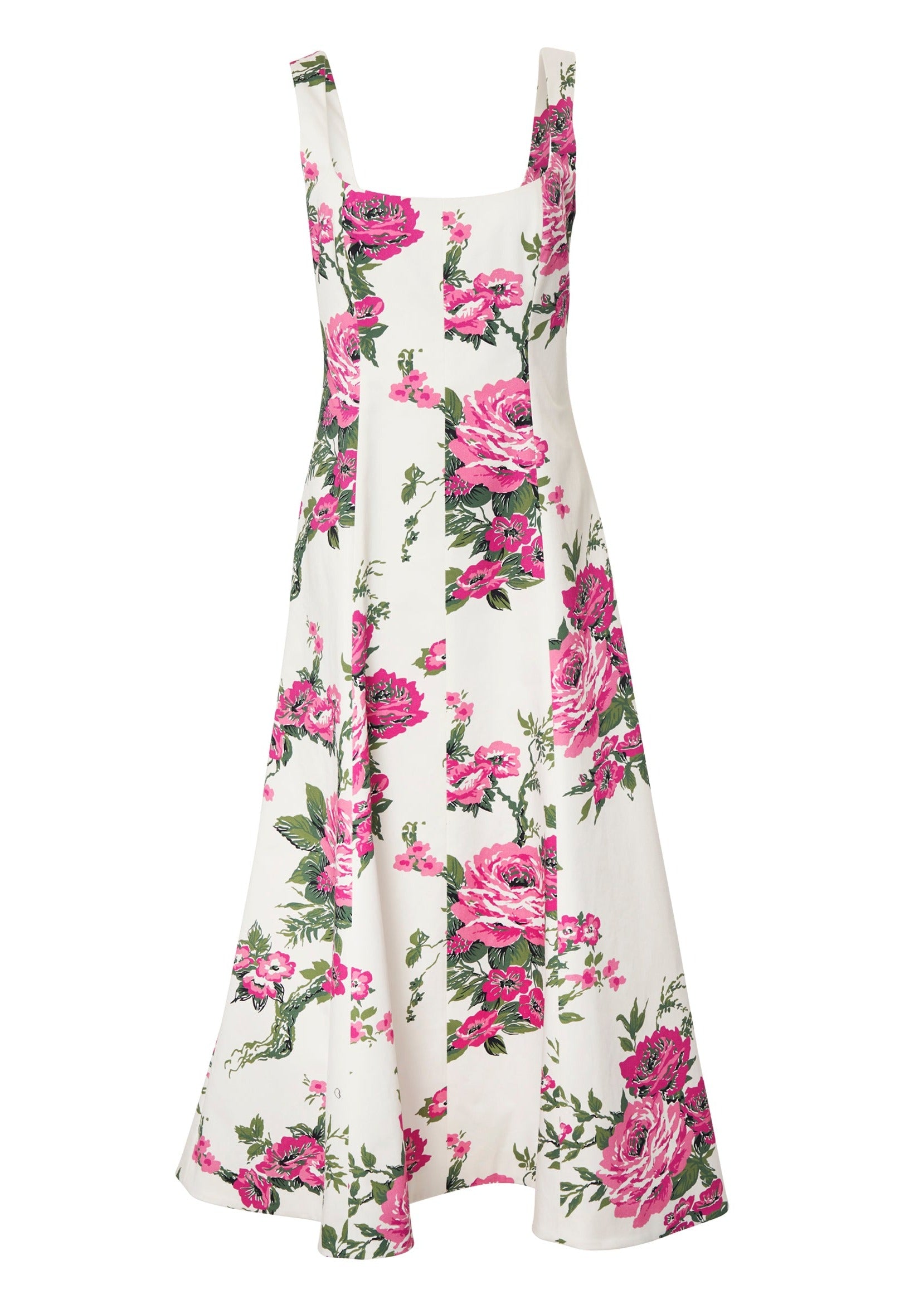 Pink Floral Printed Cotton Square Neck Midi Dress