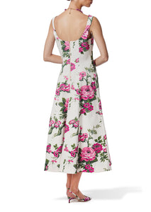 Pink Floral Printed Cotton Square Neck Midi Dress