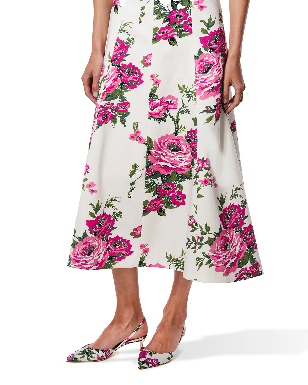 Pink Floral Printed Cotton Square Neck Midi Dress