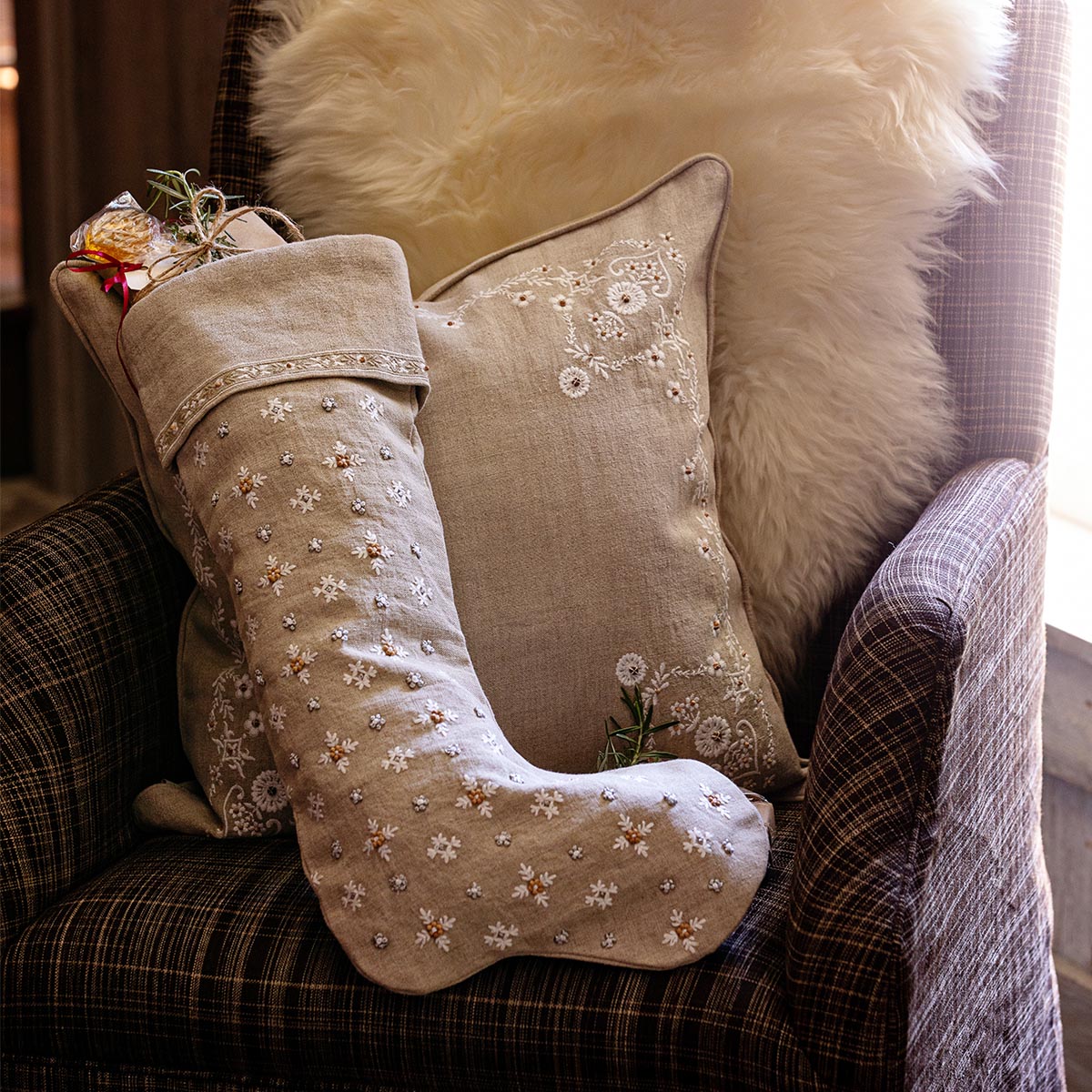 Heidi Embroidered Stocking Natural