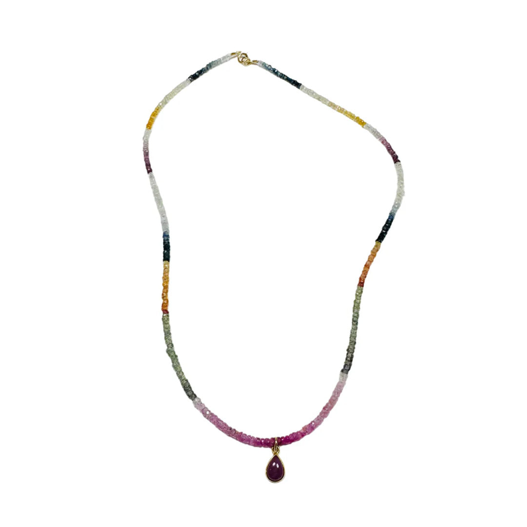 Sapphire Heishi Necklace With Ruby Bezel Charm