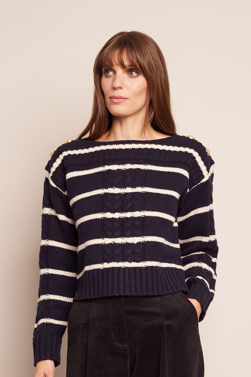 Sarita Top in Navy Ivory Stripe