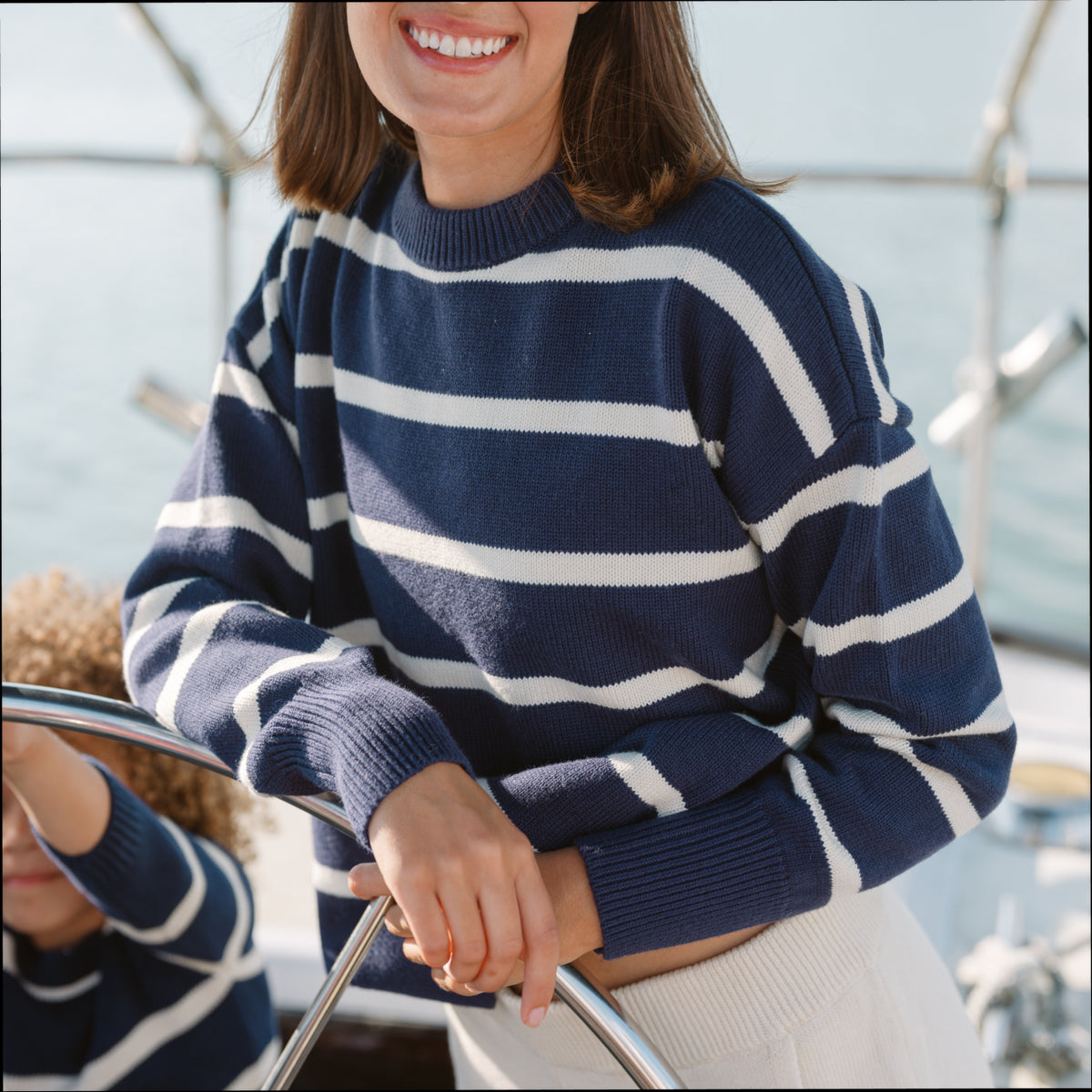 Women’s Navy And Cream Wide Stripe Knit Sweater