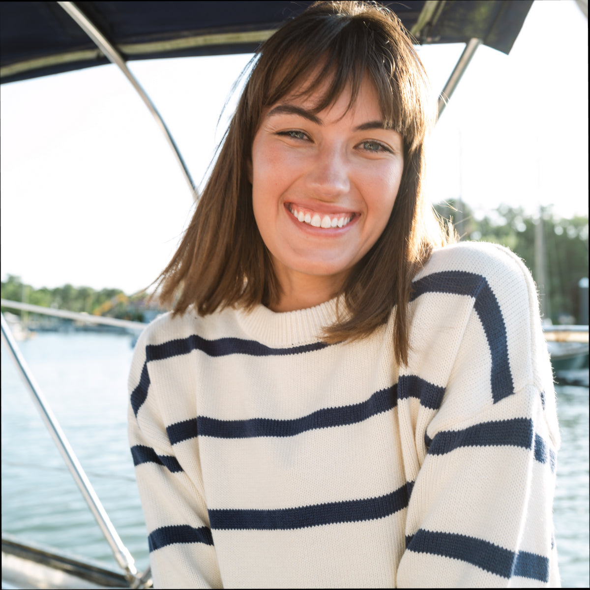 Women’s Cream And Navy Wide Stripe Knit Sweater