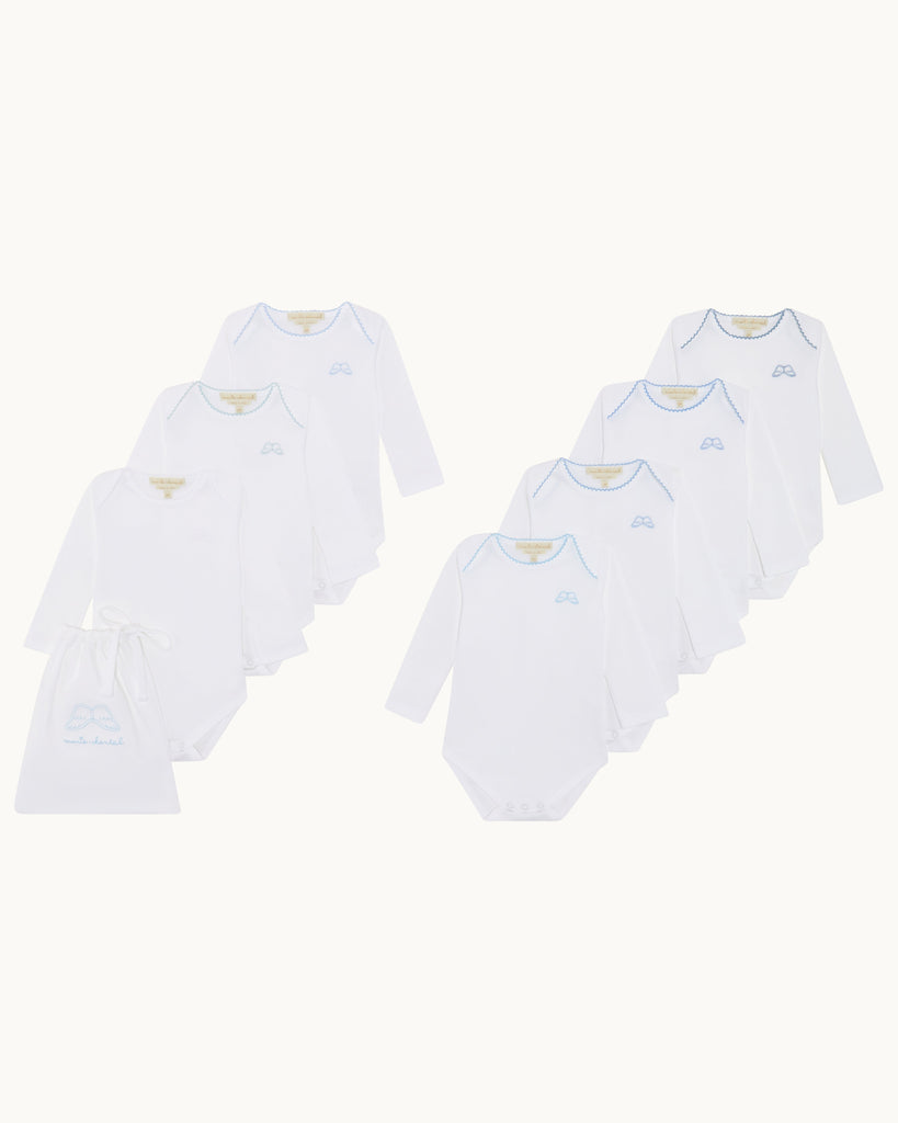 Angel Wing Picot Long Sleeve Onesies in Blue Fade, Set of 7