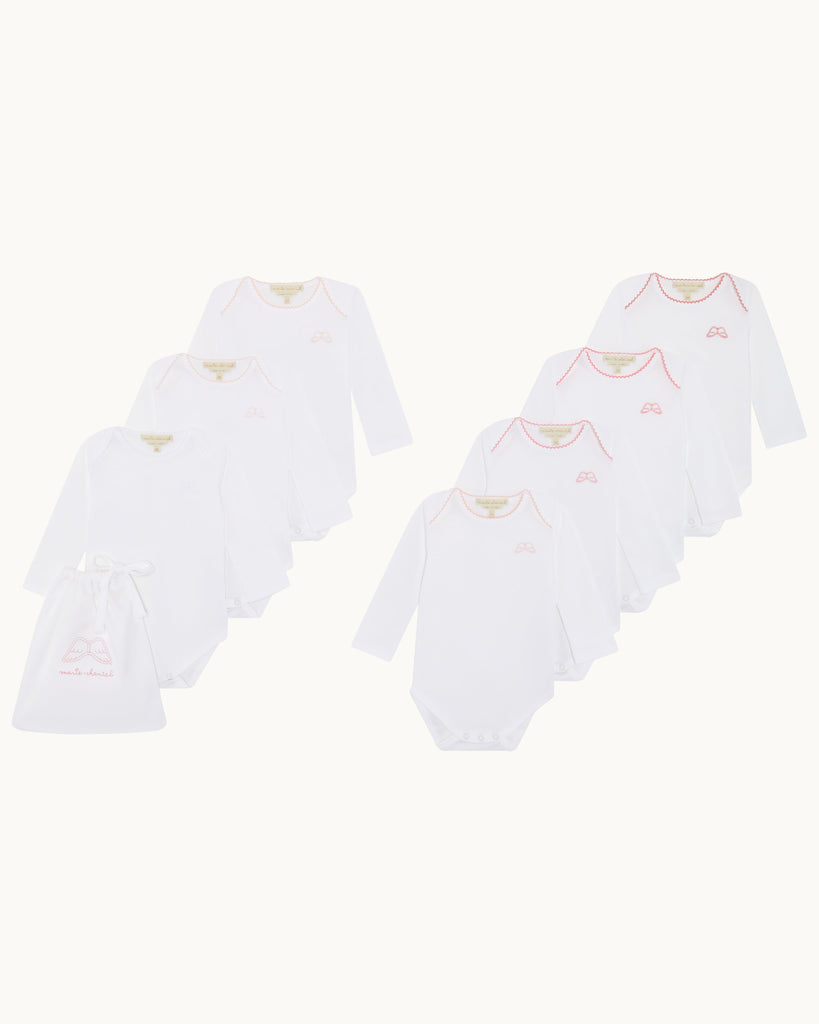 Angel Wing Picot Long Sleeve Onesies in Pink Fade, Set of 7