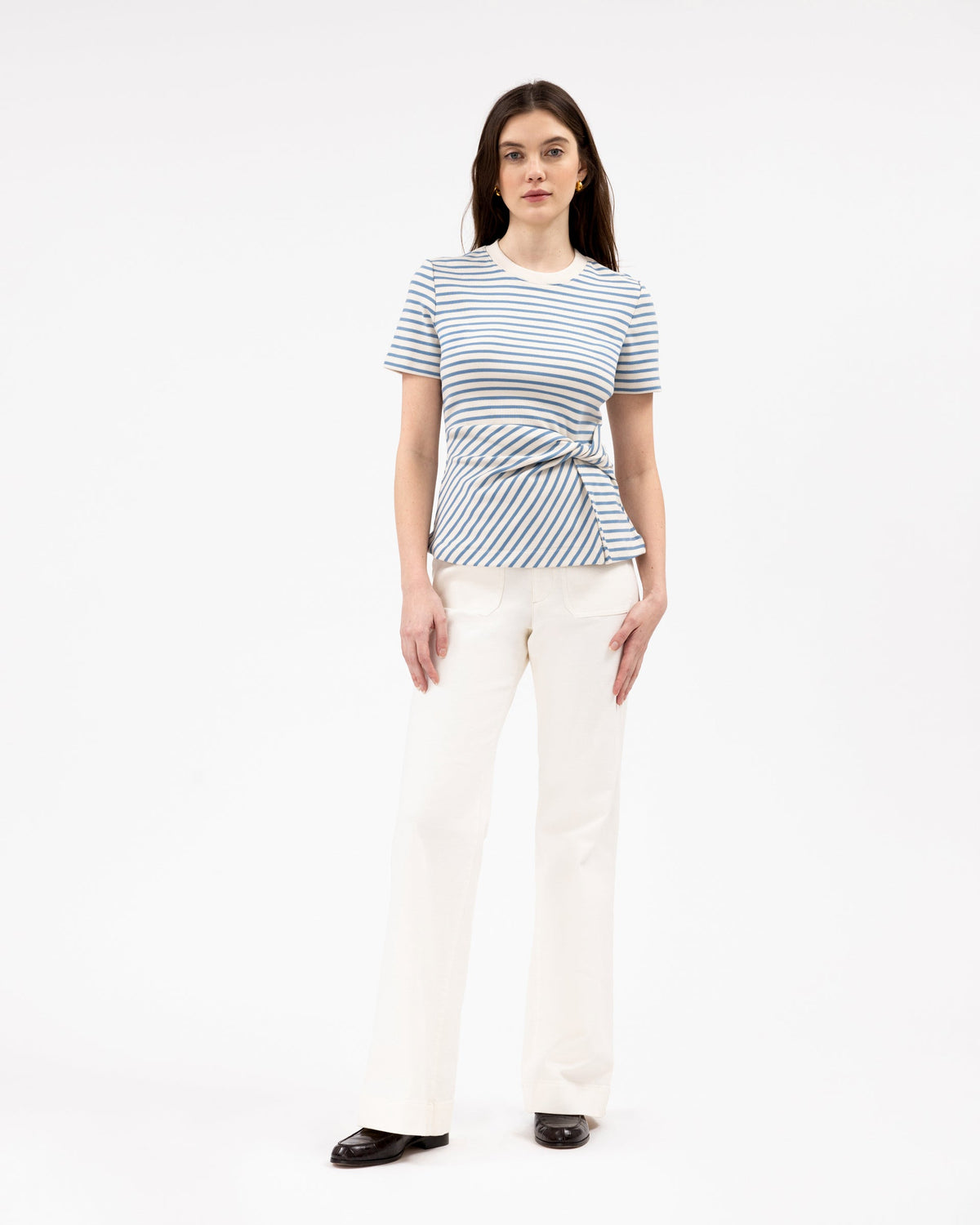 Short Sleeve Carlita Top in Cream & Blue Bird Thin Stripe