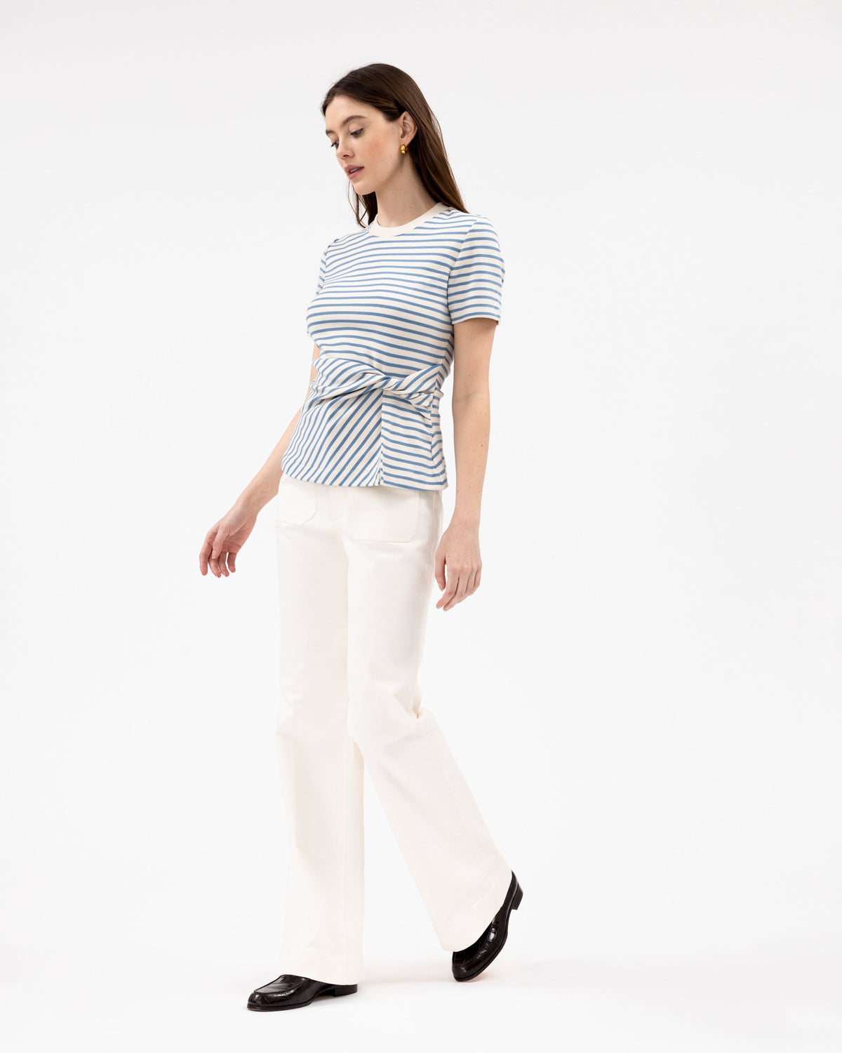 Short Sleeve Carlita Top in Cream & Blue Bird Thin Stripe