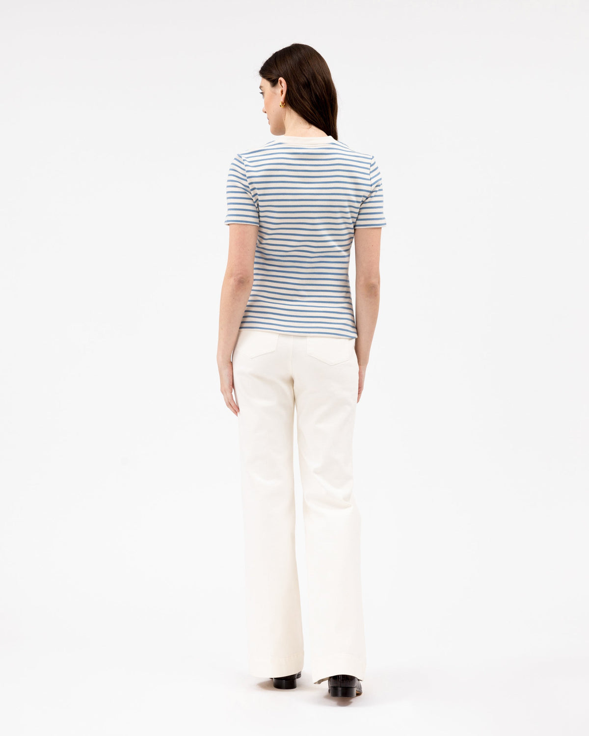 Short Sleeve Carlita Top in Cream & Blue Bird Thin Stripe