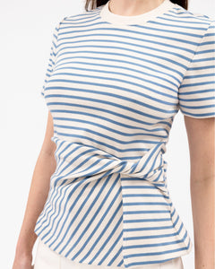 Short Sleeve Carlita Top in Cream & Blue Bird Thin Stripe