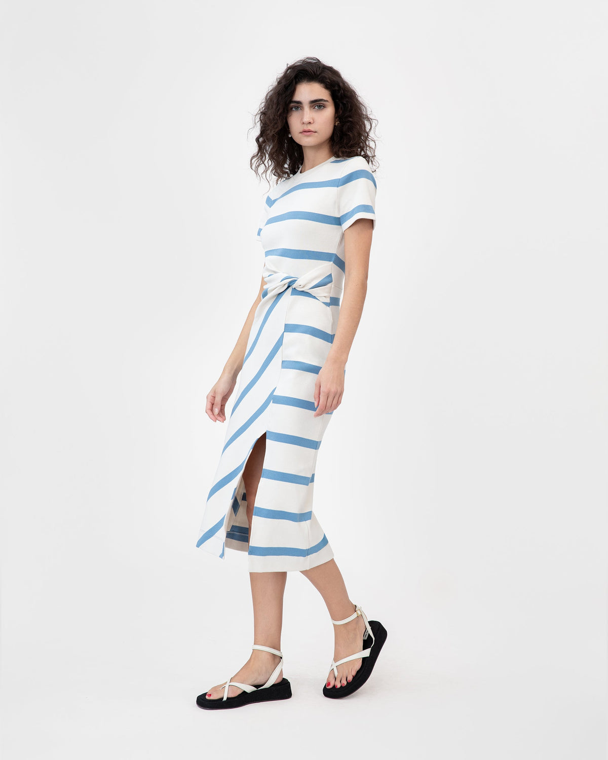 Short Sleeve Striped Cody Dress in Cream & Blue Bird Wide Stripe