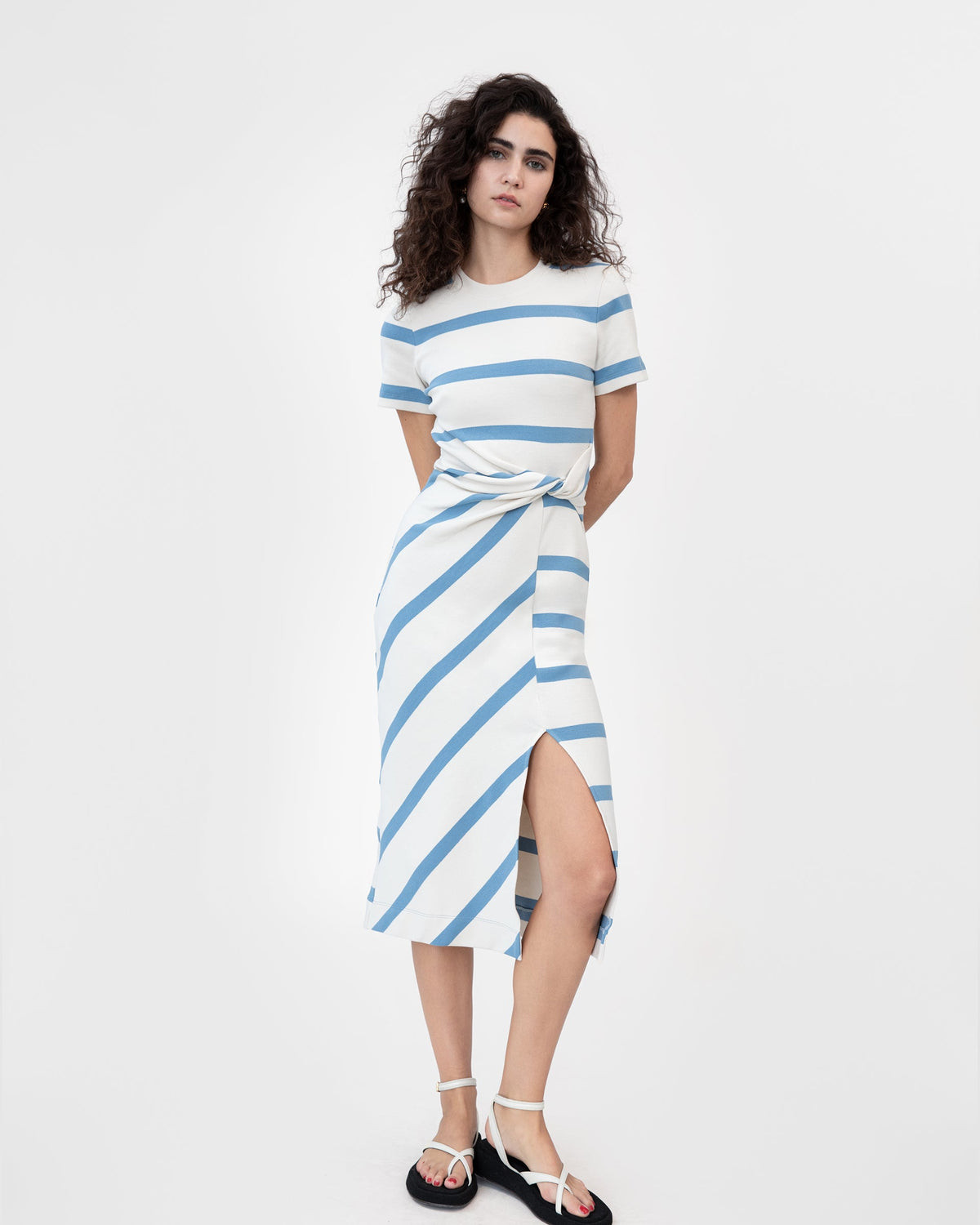 Short Sleeve Striped Cody Dress in Cream & Blue Bird Wide Stripe