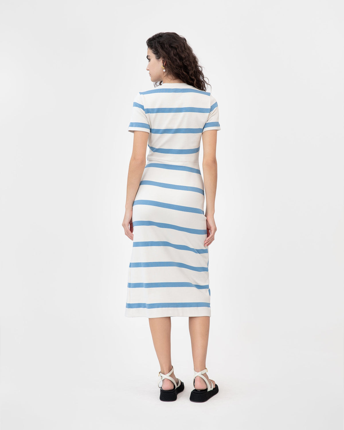 Short Sleeve Striped Cody Dress in Cream & Blue Bird Wide Stripe