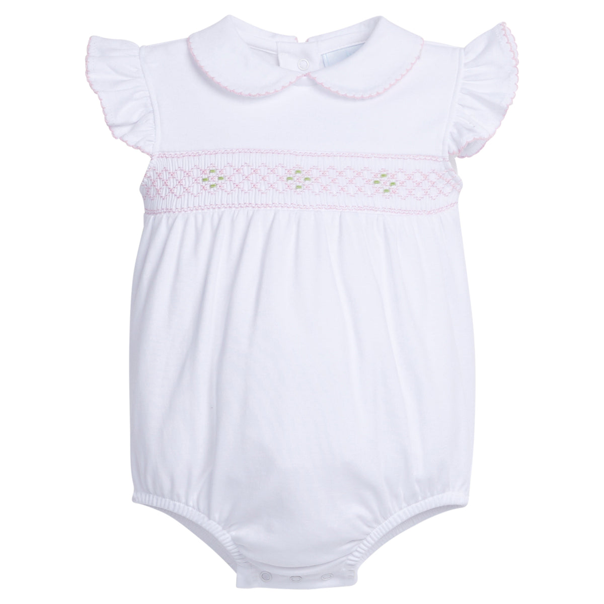 Little English traditional children's clothing.  White peter pan bubble  pink smocking for baby girls for spring