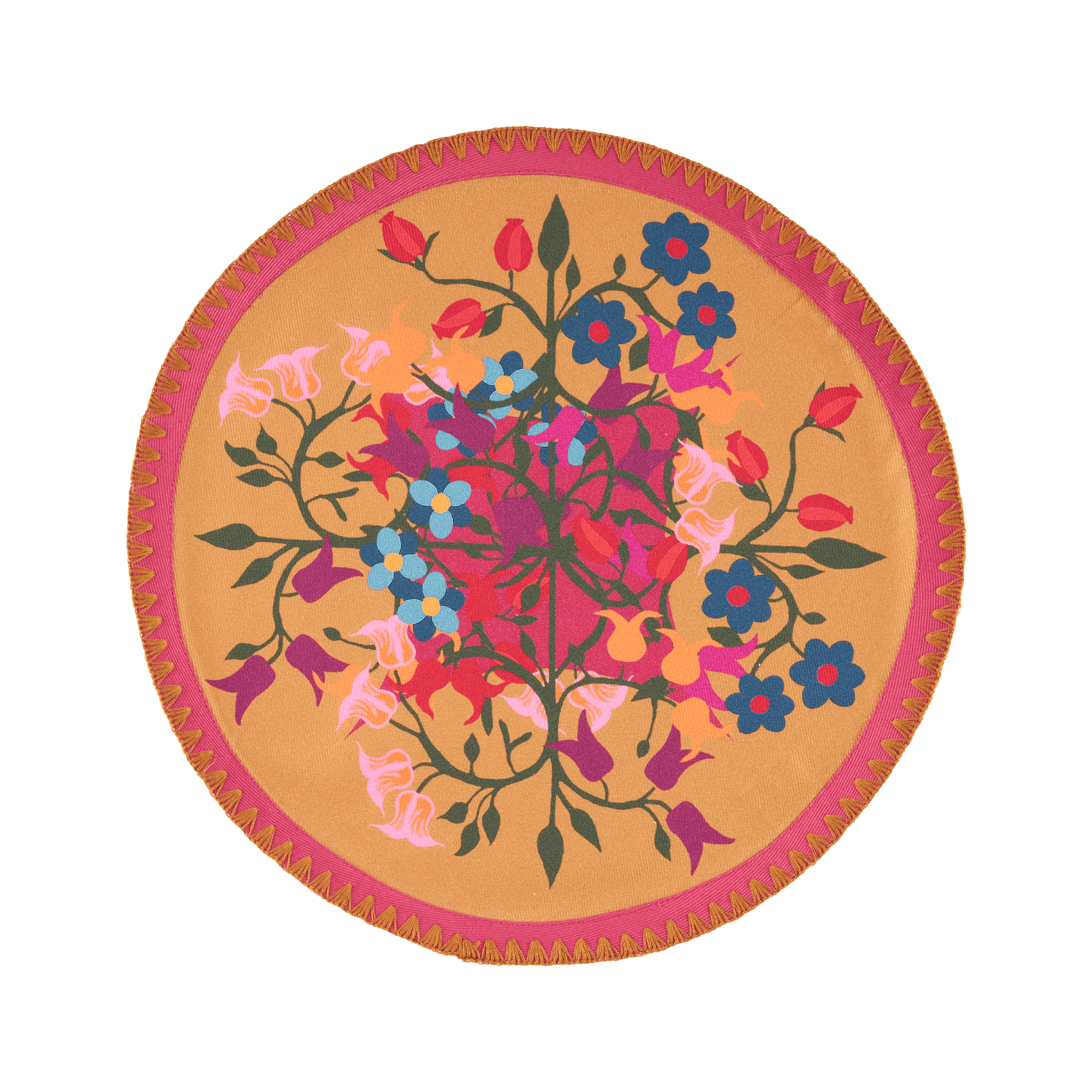 Round organic cotton placemat in orange and bordeaux floral geometric print.