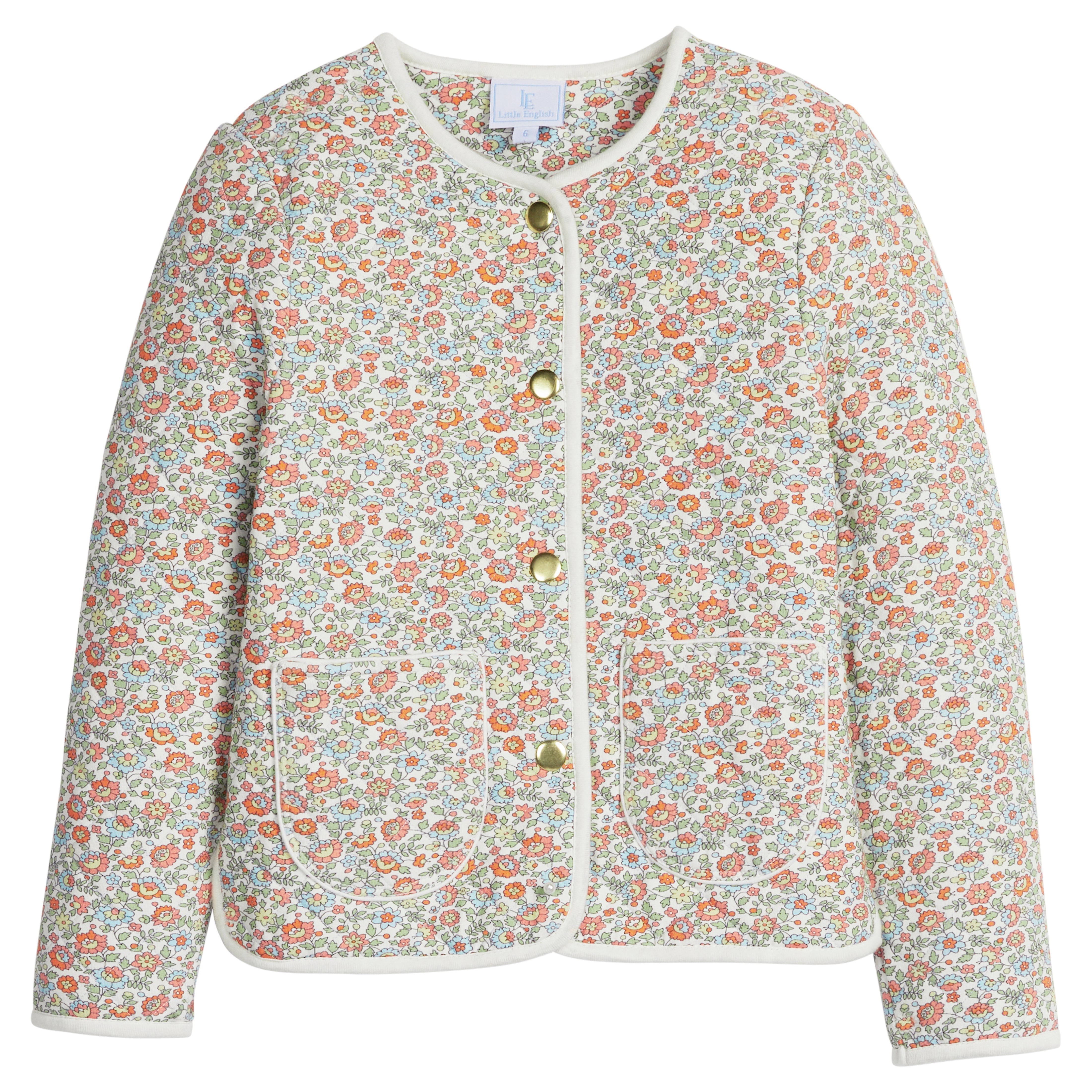 little english classic children's clothing girls button down jacket in light orange, cream, blue, and green floral print for fall with cream piping and front pockets 