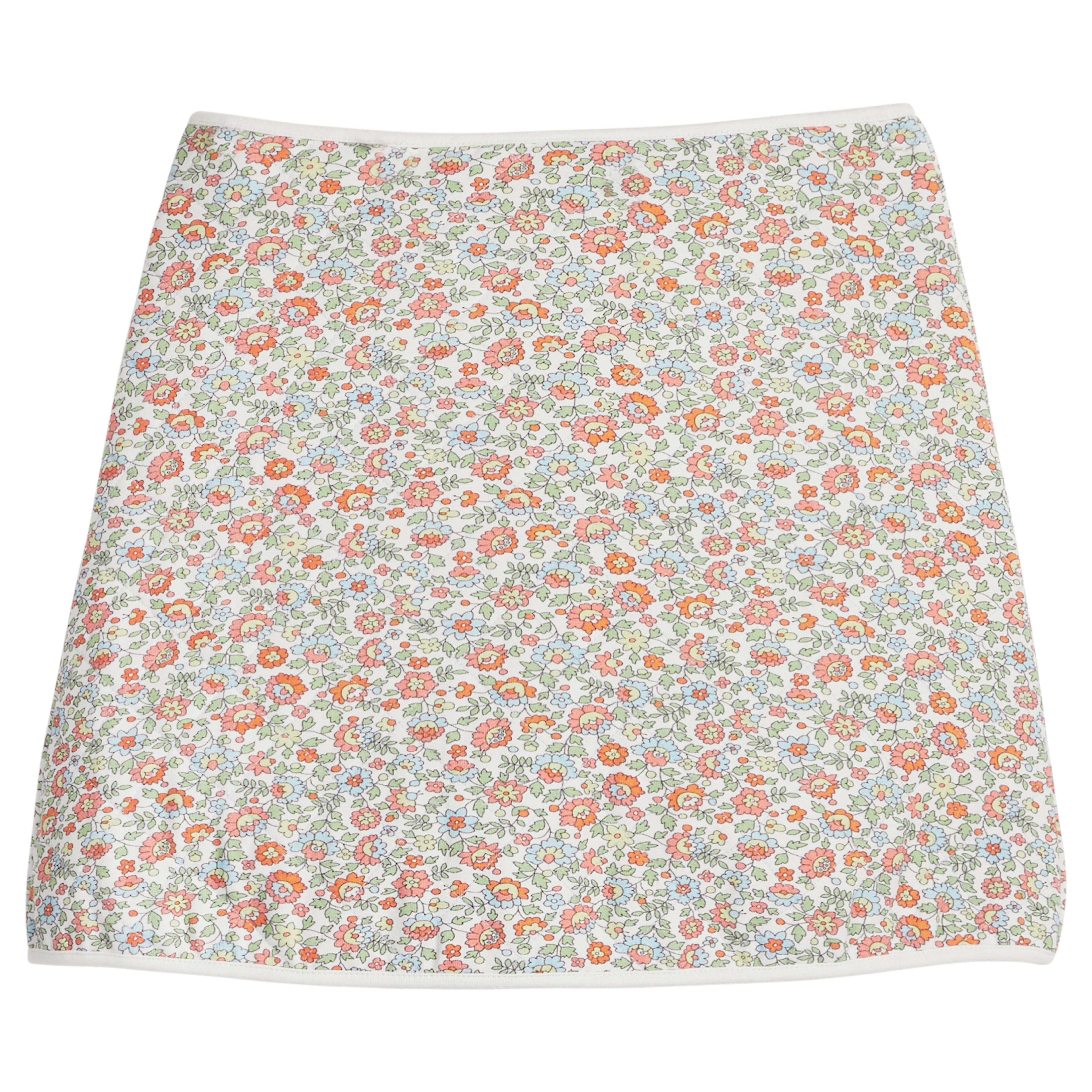 little english classic children's clothing girls light orange, blue, green, and cream floral skirt with cream piping for fall 