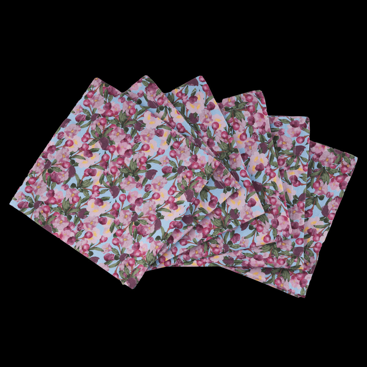 Whimsical cherry print on light blue organic cotton napkins.