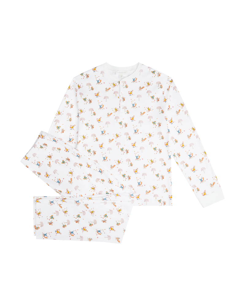 Squirrel Print Henley Pajamas in White