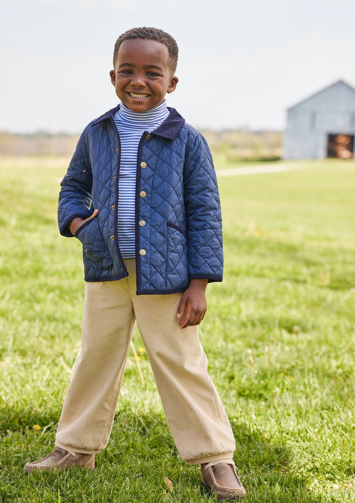 Little English children's classic quilted jacket in navy with brass buttons and corduroy details