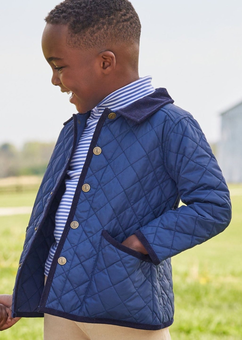 Little English children's classic quilted jacket in navy with brass buttons and corduroy details