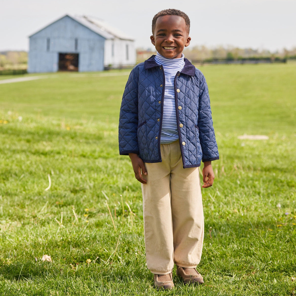 Little English children's classic quilted jacket in navy with brass buttons and corduroy details