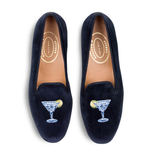 Martini Navy velvet slipper on a white background.