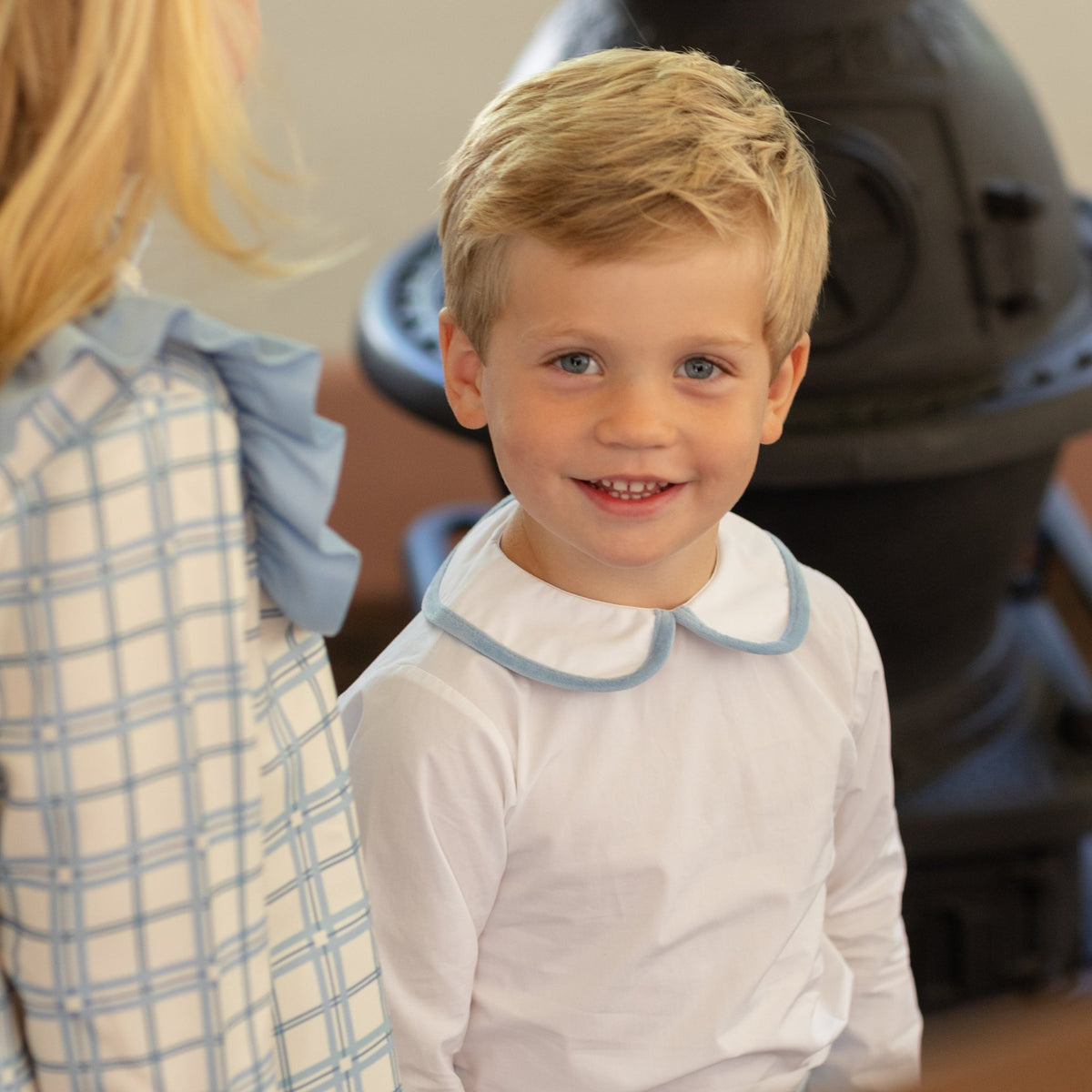 Long Sleeve Henry Peter Pan in White with Bay Tree Blue Velvet Trim