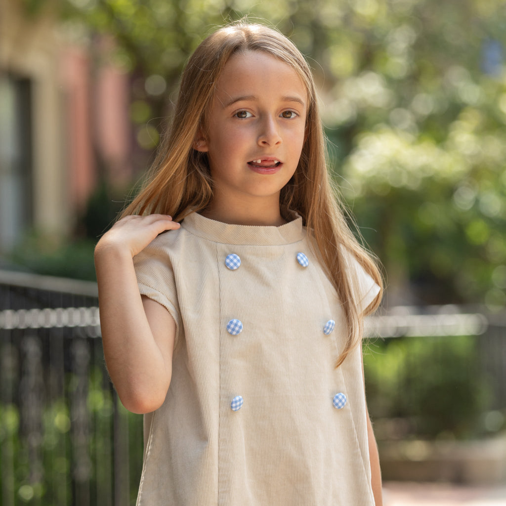 Henry Duvall Isabel Dress in King’s Way Khaki Corduroy with Charles Street Check covered buttons, classic fall toddler and girls outfit with heirloom style and timeless details