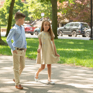 Henry Duvall Isabel Dress in King’s Way Khaki Corduroy with Charles Street Check covered buttons, classic fall toddler and girls outfit with heirloom style and timeless details