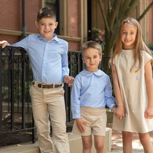 Henry Duvall Isabel Dress in King’s Way Khaki Corduroy with Charles Street Check covered buttons, classic fall toddler and girls outfit with heirloom style and timeless details