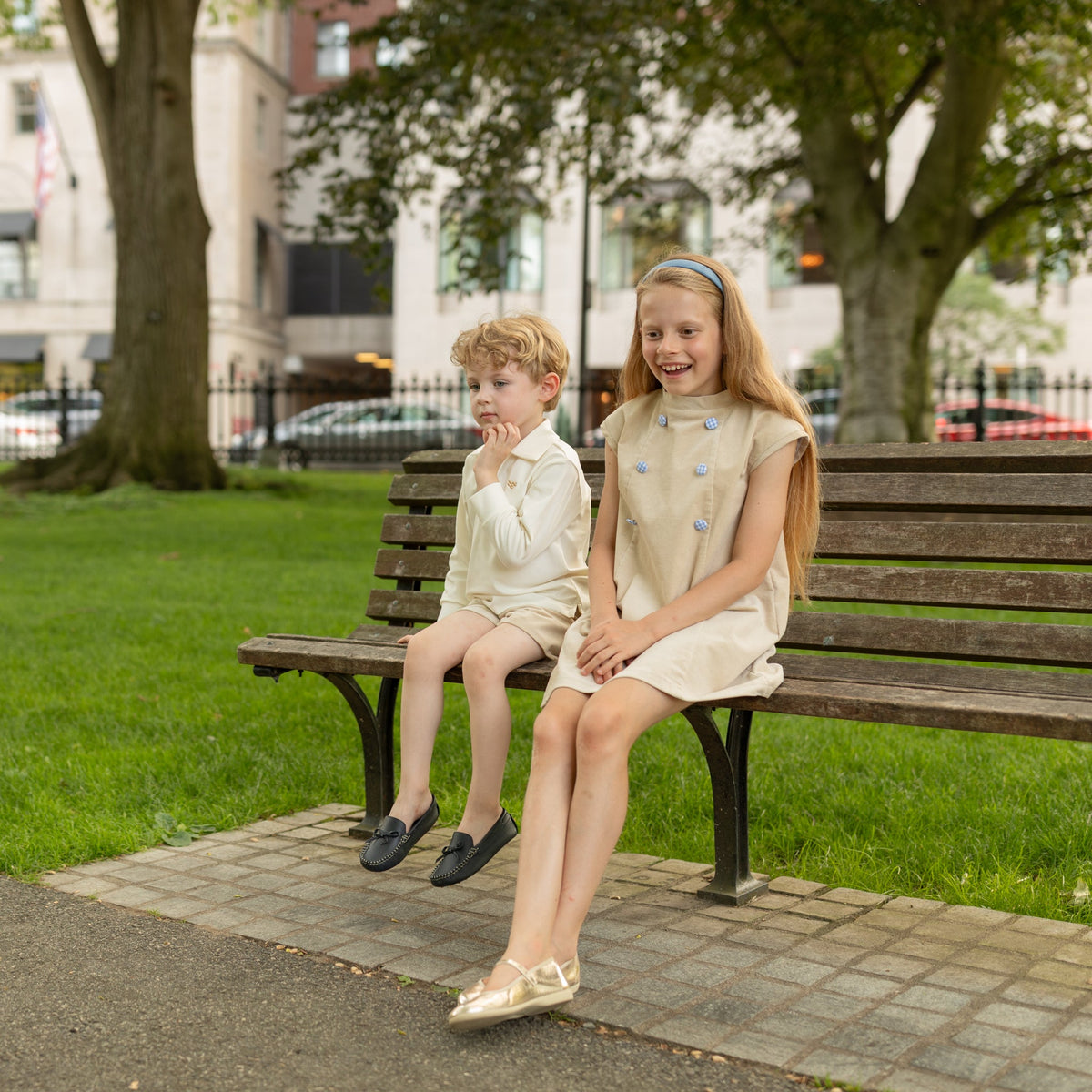 Henry Duvall Isabel Dress in King’s Way Khaki Corduroy with Charles Street Check covered buttons, classic fall toddler and girls outfit with heirloom style and timeless details 