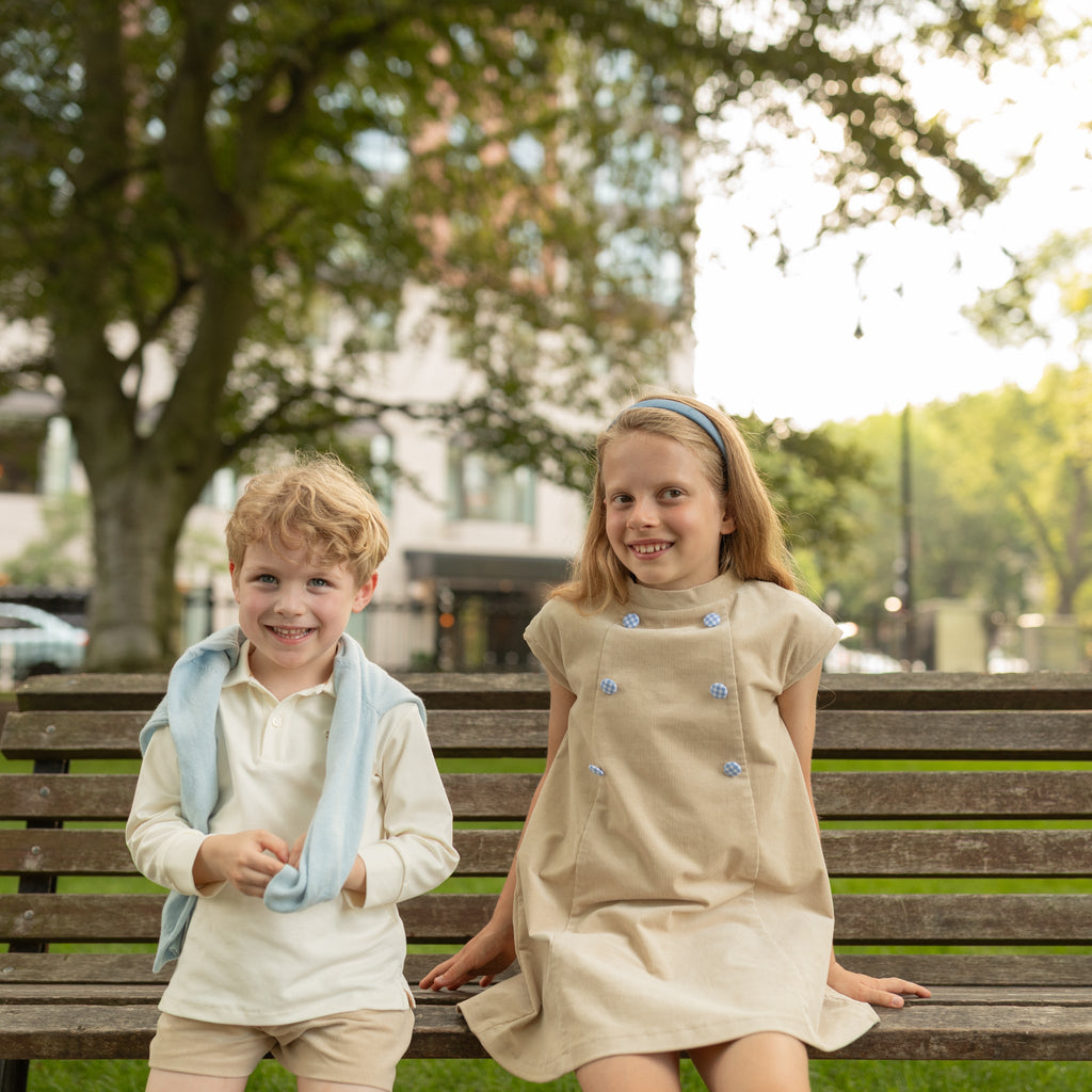 Henry Duvall Isabel Dress in King’s Way Khaki Corduroy with Charles Street Check covered buttons, classic fall toddler and girls outfit with heirloom style and timeless details 