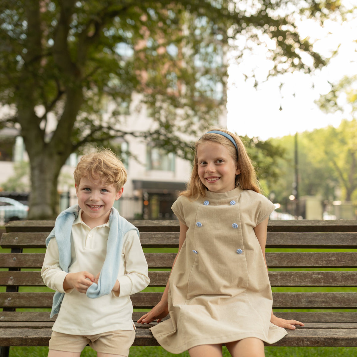 Henry Duvall Isabel Dress in King’s Way Khaki Corduroy with Charles Street Check covered buttons, classic fall toddler and girls outfit with heirloom style and timeless details 