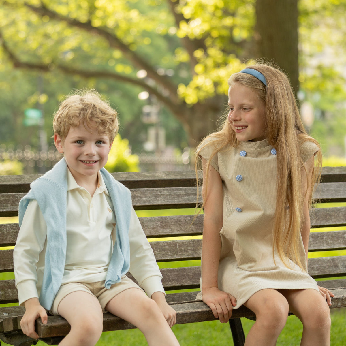 Henry Duvall Isabel Dress in King’s Way Khaki Corduroy with Charles Street Check covered buttons, classic fall toddler and girls outfit with heirloom style and timeless details 