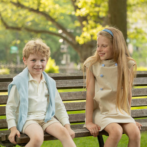 Henry Duvall Isabel Dress in King’s Way Khaki Corduroy with Charles Street Check covered buttons, classic fall toddler and girls outfit with heirloom style and timeless details 