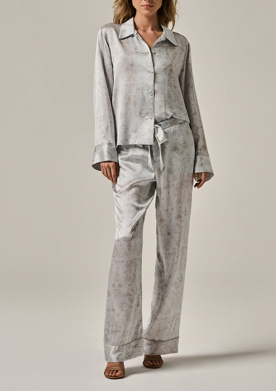 grey toile lounge tie up pant long front view