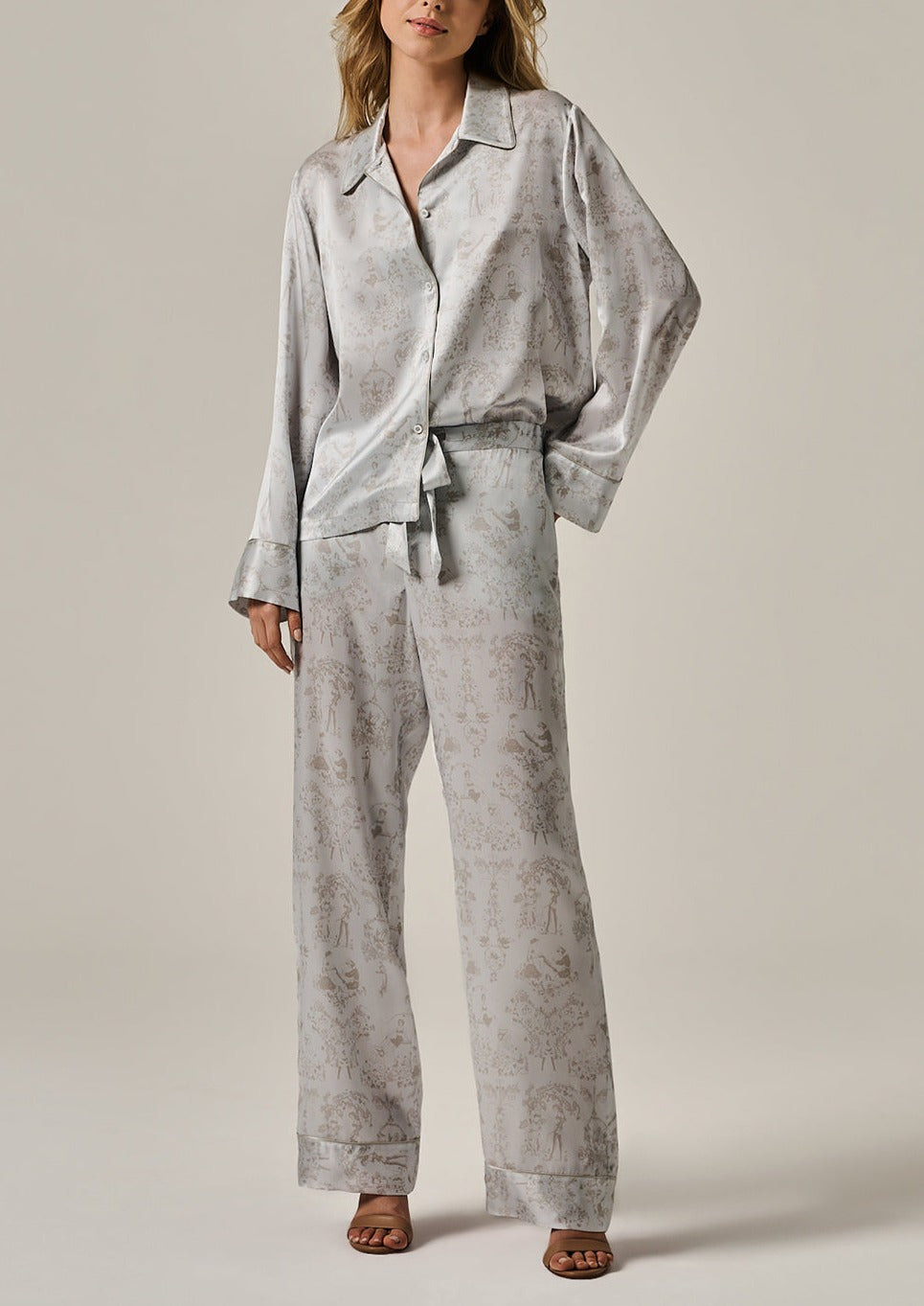 grey toile lounge tie up pant long front view