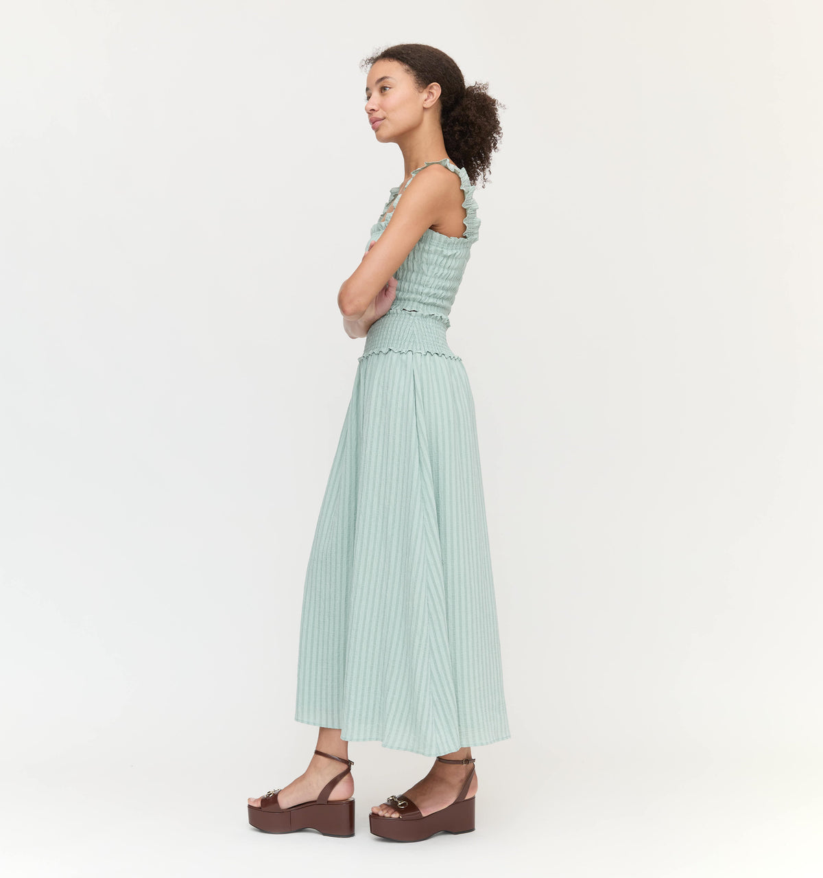 The Delphine Nap Skirt in Soft Green Tonal Seersucker