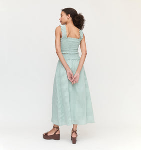 The Delphine Nap Skirt in Soft Green Tonal Seersucker