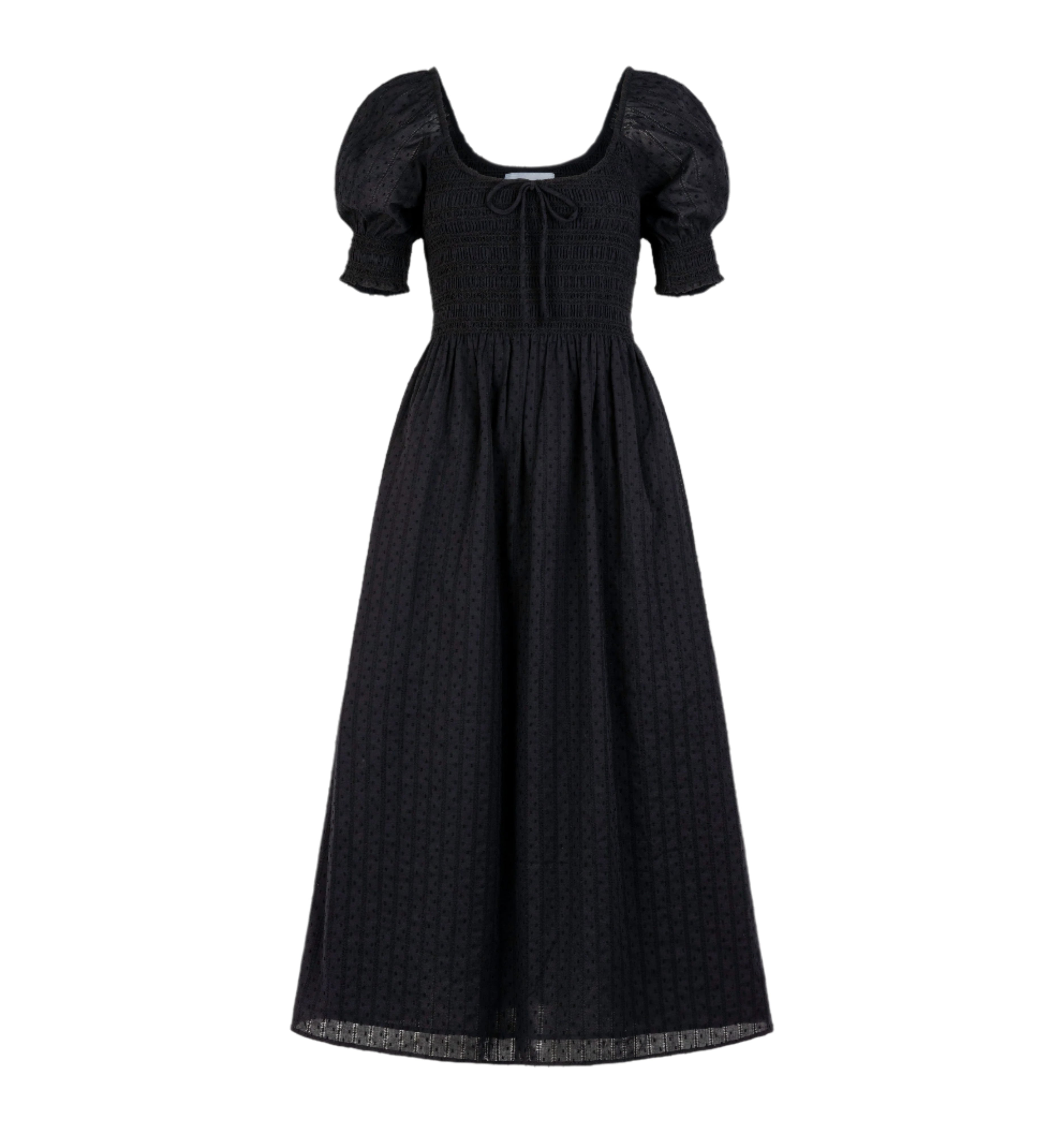 The Madeline Nap Dress in Black Linear Swiss Dot