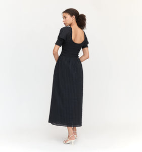 The Madeline Nap Dress in Black Linear Swiss Dot