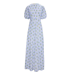 The Short Sleeve Nadia Dress in Blue Block Print