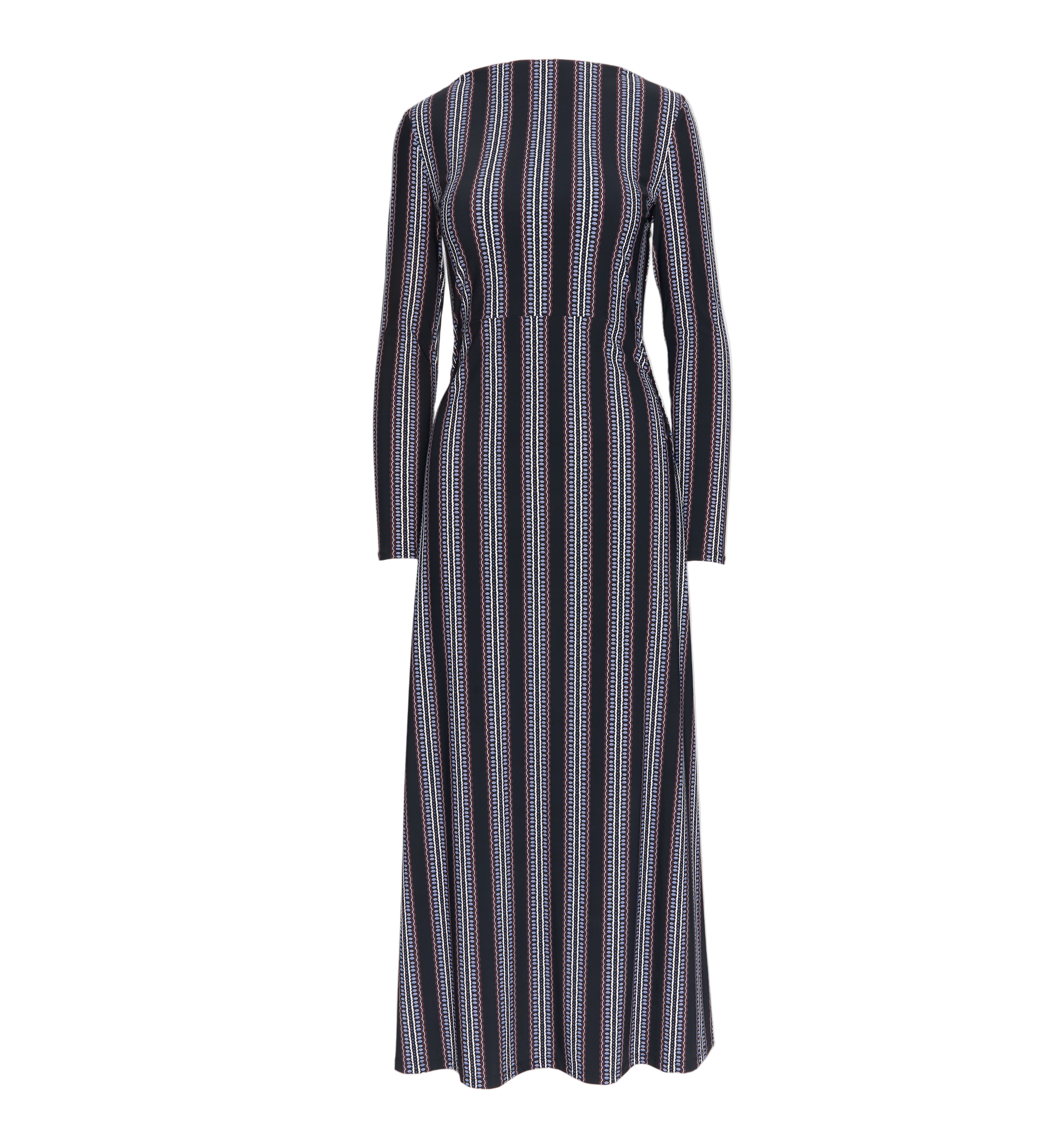 The Selene Dress in Black Cobalt Medallion Stripe