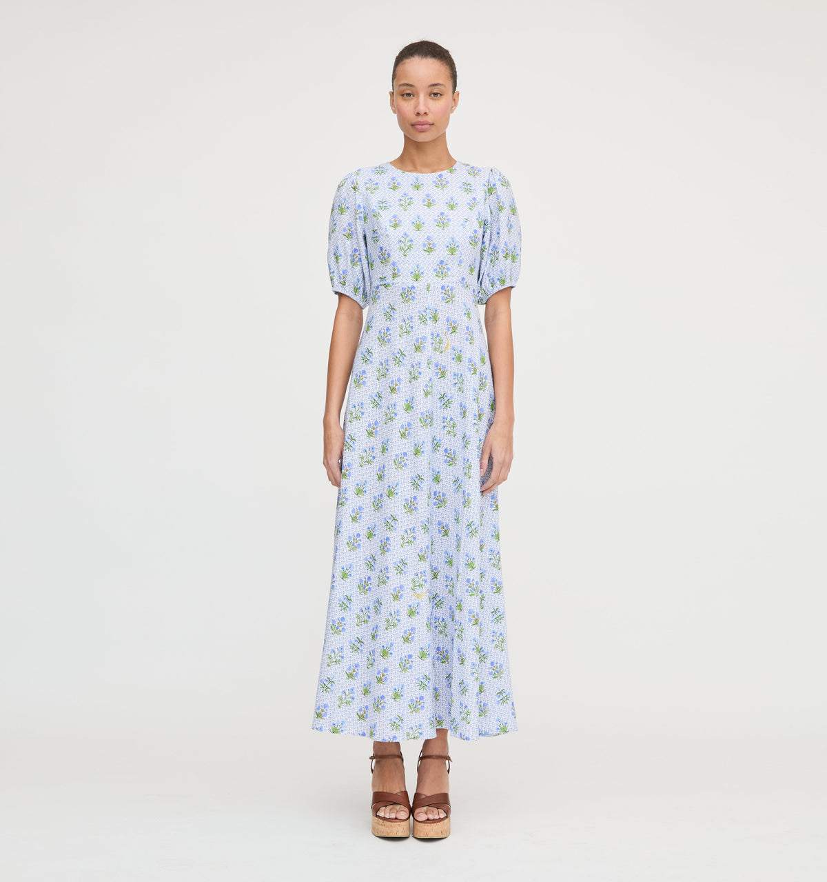 The Short Sleeve Nadia Dress in Blue Block Print