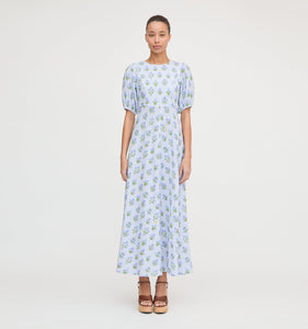 The Short Sleeve Nadia Dress in Blue Block Print
