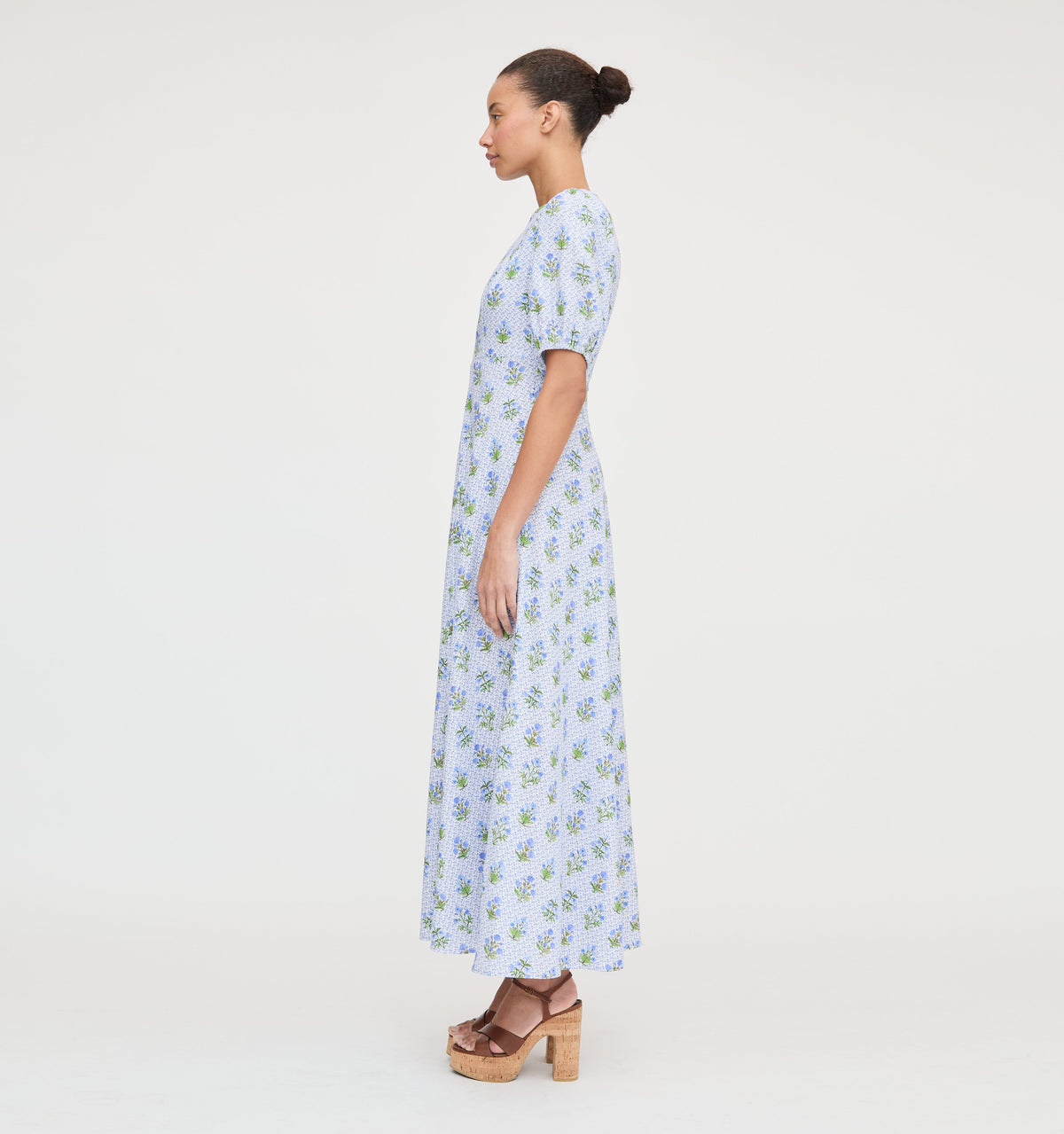 The Short Sleeve Nadia Dress in Blue Block Print