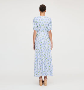 The Short Sleeve Nadia Dress in Blue Block Print