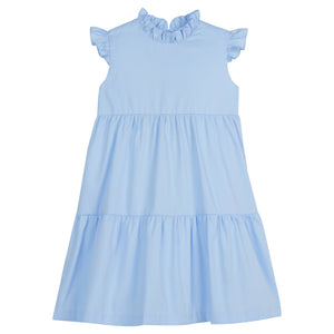 Little English traditional children‚Äôs clothing, girl's light blue tiered dress for Spring with ruffles at the collar and sleeves