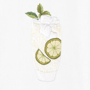 a mojito cocktail with limes inside and a mint sprig garnish